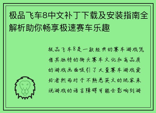 极品飞车8中文补丁下载及安装指南全解析助你畅享极速赛车乐趣